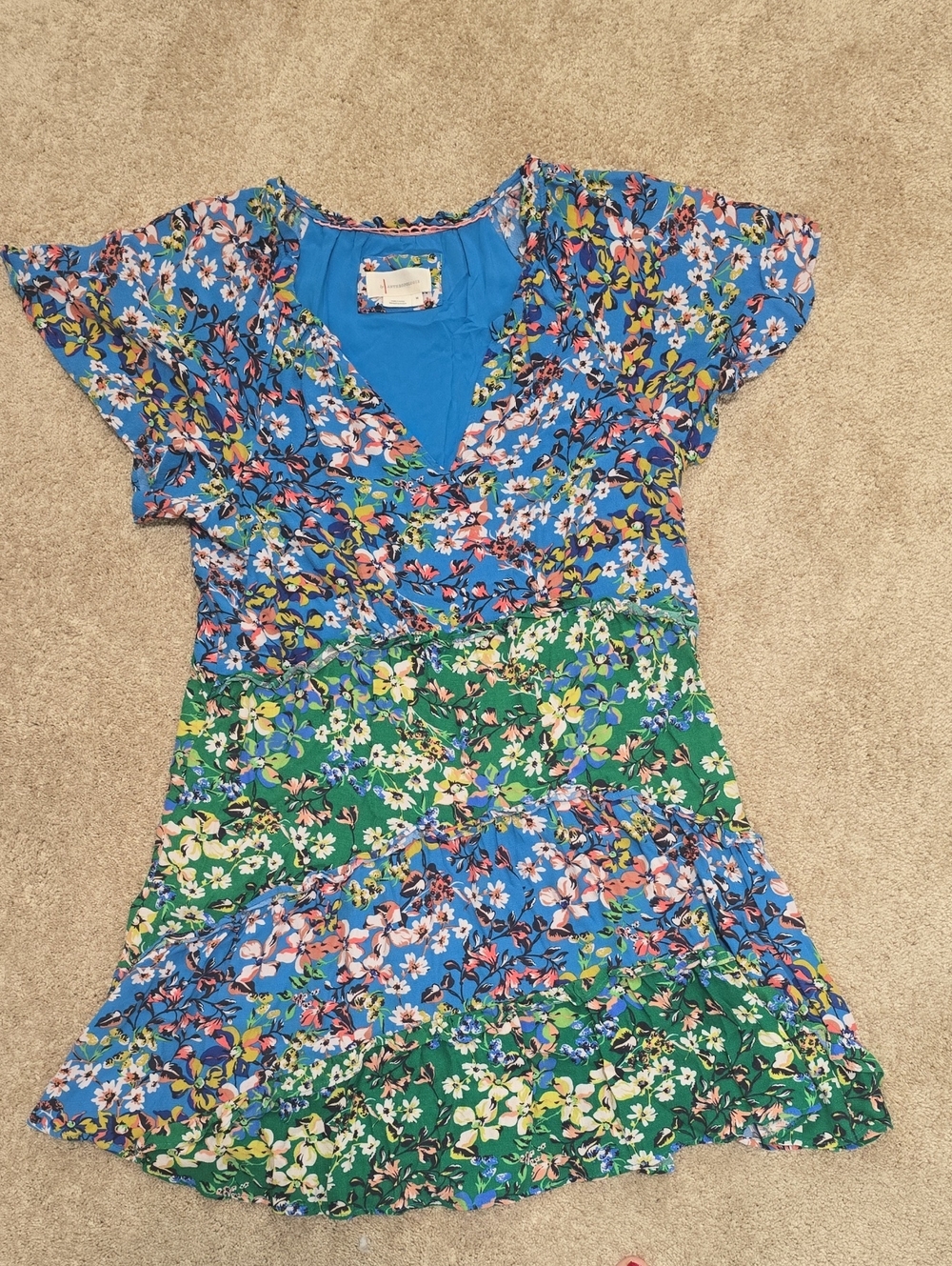 Anthropologie Blue and Green Floral Wrap Tiered Dress